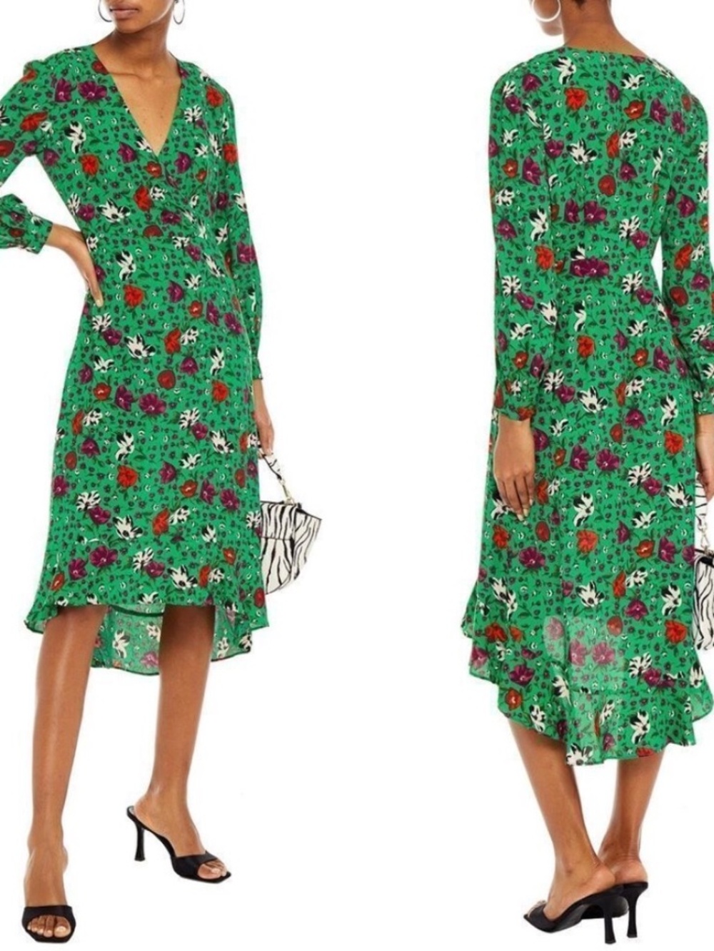 ba&sh Paloma Green Floral Wrap Midi Dress Ruffle High Low Hem Size 3 US 10 - Picture 3 of 16